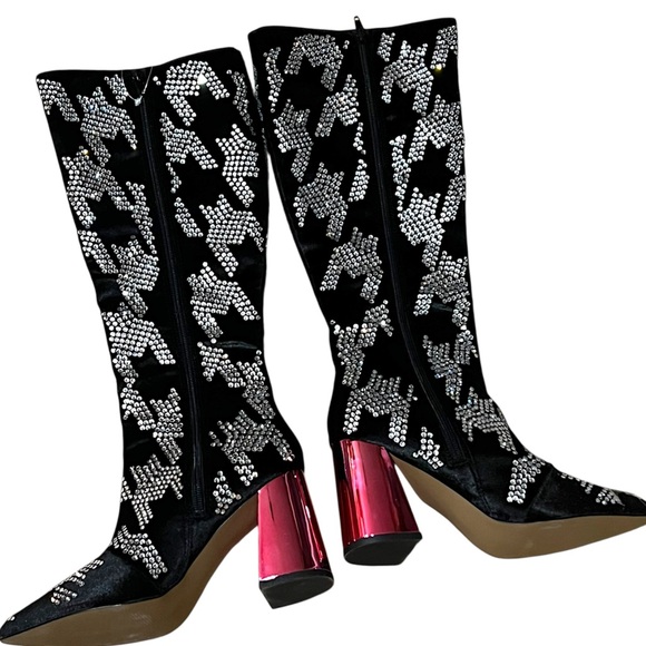 Betsey Johnson Naomy Rhinestone Houndstooth pink block heelTall Boots 6 NWOT - Picture 8 of 16